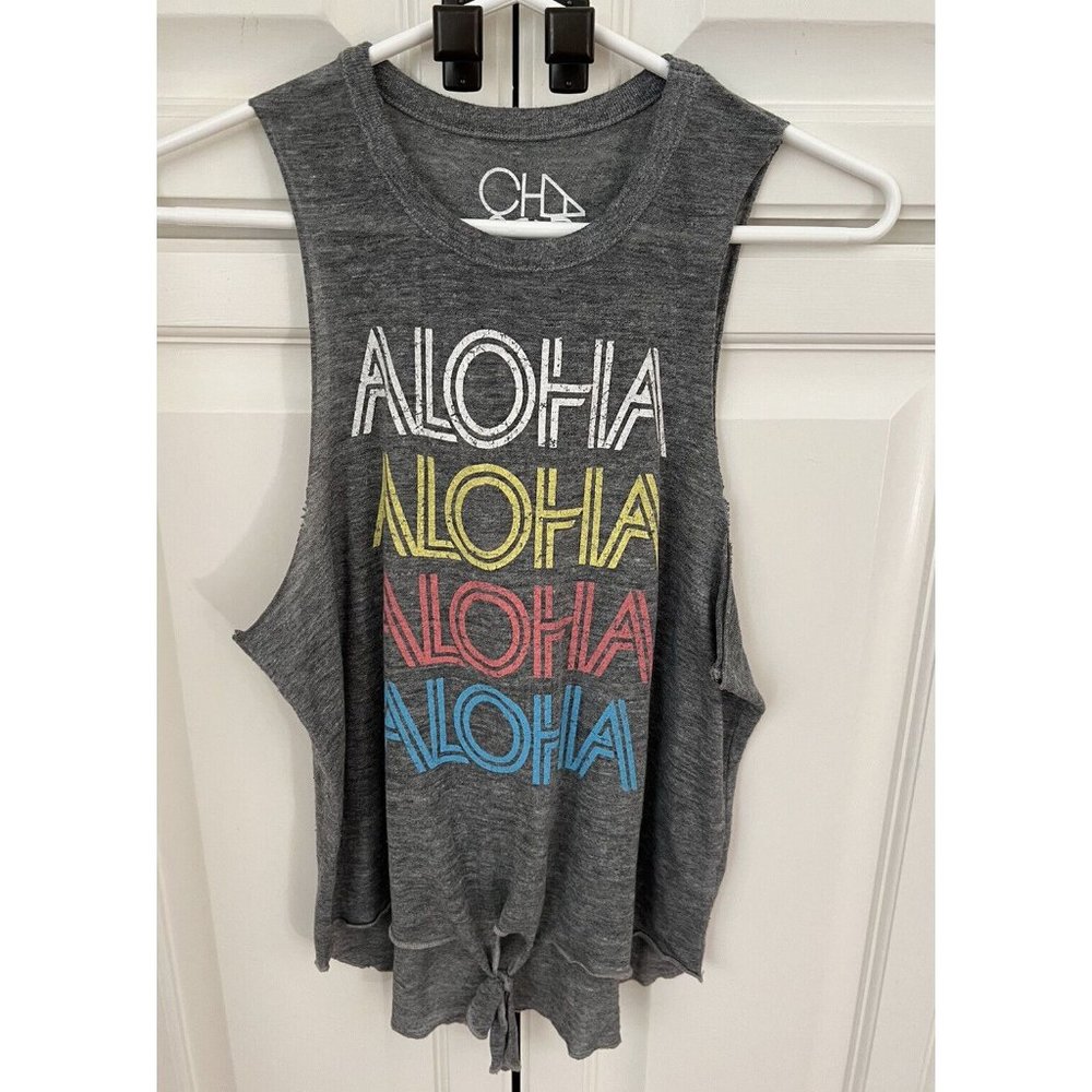 Chaser Aloha Tank Top Crew Neck Tie Hem Sleeveless Gray Women’s Size S